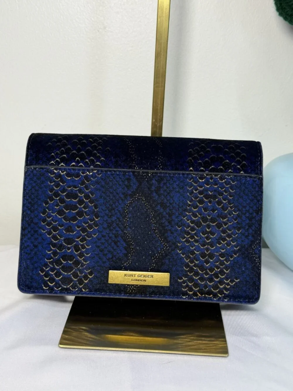 Kurt Geiger Navy Blue Velvet Snake-Embossed Crossbody with Gold Tone Accent